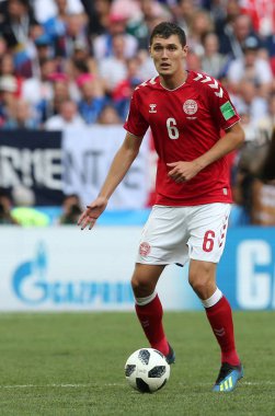 26.06.2018. Moskova, Rusya: Andreas Christensen eylem sırasında FIFA Dünya Kupası Rusya 2018, C grubu, futbol maç arasında Danimarka V Fransa Moskova'da Lujniki Stadyumu.