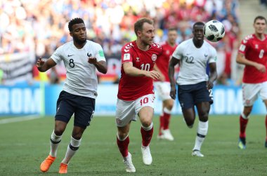 26.06.2018. Moskova, Rusya: Danimarka V Fransa Luzhniki Stadı Moskova arasında Thomas Lemar, Christian Eriksen eylem sırasında FIFA Dünya Kupası Rusya 2018, C grubu, futbol maç.