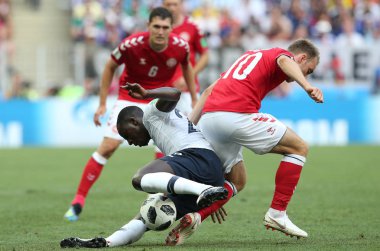 26.06.2018. Moskova, Rusya: Danimarka V Fransa Luzhniki Stadı Moskova arasında Thomas Lemar, Christian Eriksen eylem sırasında FIFA Dünya Kupası Rusya 2018, C grubu, futbol maç.
