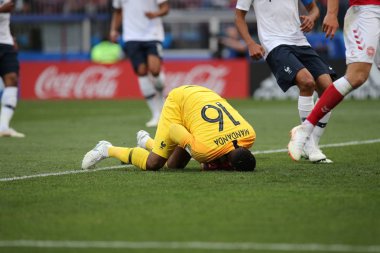 26.06.2018. Moskova, Rusya: Steva Mandanda Kongo FIFA Dünya Kupası Rusya 2018, C grubu, futbol sırasında eylem Danimarka V Fransa Luzhniki Stadı Moskova arasında eşleme.