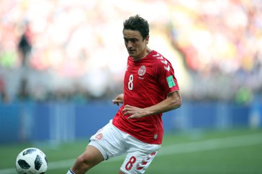 26.06.2018. Moskova, Rusya: Thomas Delaney FIFA Dünya Kupası Rusya 2018, C grubu, futbol sırasında eylem Danimarka V Fransa Luzhniki Stadı Moskova arasında eşleme.