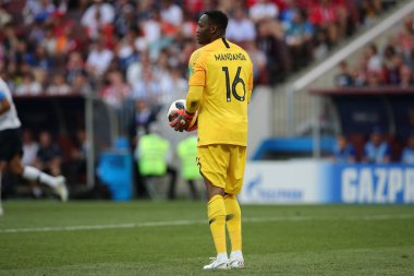 26.06.2018. Moskova, Rusya: Steva Mandanda Kongo FIFA Dünya Kupası Rusya 2018, C grubu, futbol sırasında eylem Danimarka V Fransa Luzhniki Stadı Moskova arasında eşleme.