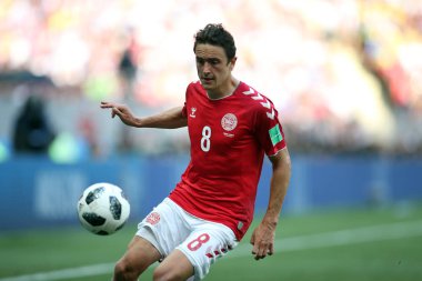 26.06.2018. Moskova, Rusya: Thomas Delaney FIFA Dünya Kupası Rusya 2018, C grubu, futbol sırasında eylem Danimarka V Fransa Luzhniki Stadı Moskova arasında eşleme.