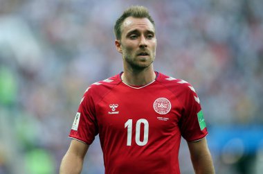 26.06.2018. Moskova, Rusya: Christian Eriksen eylem sırasında FIFA Dünya Kupası Rusya 2018, C grubu, futbol maç arasında Danimarka V Fransa Moskova'da Lujniki Stadyumu.