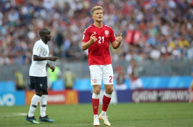 26.06.2018. Moskova, Rusya: Andreas Cornelius FIFA Dünya Kupası Rusya 2018, C grubu, futbol sırasında eylem Danimarka V Fransa Luzhniki Stadı Moskova arasında eşleme.