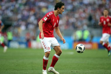 26.06.2018. Moskova, Rusya: Thomas Delaney FIFA Dünya Kupası Rusya 2018, C grubu, futbol sırasında eylem Danimarka V Fransa Luzhniki Stadı Moskova arasında eşleme.