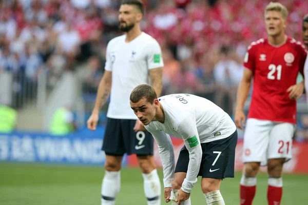 26.06.2018. Moskova, Rusya: Antoine Griezmann FIFA Dünya Kupası Rusya 2018, C grubu, futbol sırasında eylem Danimarka V Fransa Luzhniki Stadı Moskova arasında eşleme.