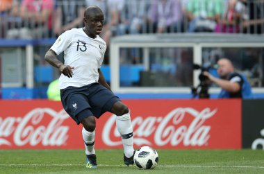 26.06.2018. Moskova, Rusya: Ngolo Kante FIFA Dünya Kupası Rusya 2018, C grubu, futbol sırasında eylem Danimarka V Fransa Luzhniki Stadı Moskova arasında eşleme.