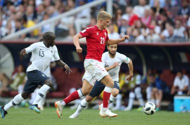 26.06.2018. Moskova, Rusya: Andreas Cornelius FIFA Dünya Kupası Rusya 2018, C grubu, futbol sırasında eylem Danimarka V Fransa Luzhniki Stadı Moskova arasında eşleme.