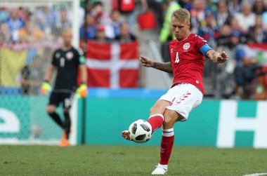 26.06.2018. Moskova, Rusya: Simon Kaler FIFA Dünya Kupası Rusya 2018, C grubu, futbol sırasında eylem Danimarka V Fransa Luzhniki Stadı Moskova arasında eşleme.