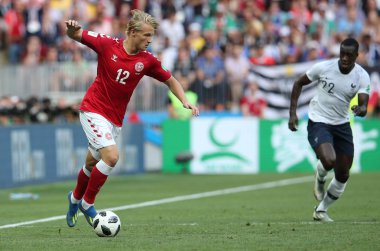 26.06.2018. Moskova, Rusya: Kasper Dolberg eylem sırasında FIFA Dünya Kupası Rusya 2018, C grubu, futbol maç arasında Danimarka V Fransa Moskova'da Lujniki Stadyumu.