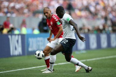 26.06.2018. Moskova, Rusya: Benjamin Mendy eylem sırasında FIFA Dünya Kupası Rusya 2018, C grubu, futbol maç arasında Danimarka V Fransa Moskova'da Lujniki Stadyumu.