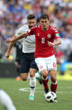 26.06.2018. Moskova, FIFA Dünya Kupası Rusya 2018, C grubu, futbol sırasında eylem Rusya: Andreas Christensen Danimarka V Fransa Luzhniki Stadı Moskova arasında eşleme.