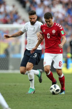 26.06.2018. Moskova, FIFA Dünya Kupası Rusya 2018, C grubu, futbol sırasında eylem Rusya: Andreas Christensen Danimarka V Fransa Luzhniki Stadı Moskova arasında eşleme.