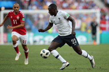 26.06.2018. Moskova, Rusya: Benjamin Mendy eylem sırasında FIFA Dünya Kupası Rusya 2018, C grubu, futbol maç arasında Danimarka V Fransa Moskova'da Lujniki Stadyumu.