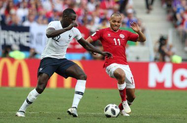 26.06.2018. Moskova, Rusya: Danimarka V Fransa Luzhniki Stadı Moskova arasında Benjamin Mendy, Martin Braithwaite eylem sırasında FIFA Dünya Kupası Rusya 2018, C grubu, futbol maç.