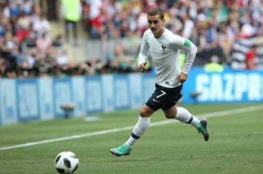 26.06.2018. Moskova, Rusya: Antoine Griezmann FIFA Dünya Kupası Rusya 2018, C grubu, futbol sırasında eylem Danimarka V Fransa Luzhniki Stadı Moskova arasında eşleme.