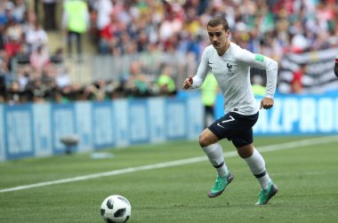 26.06.2018. Moskova, Rusya: Antoine Griezmann FIFA Dünya Kupası Rusya 2018, C grubu, futbol sırasında eylem Danimarka V Fransa Luzhniki Stadı Moskova arasında eşleme.