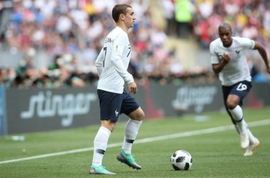 26.06.2018. Moskova, Rusya: Antoine Griezmann FIFA Dünya Kupası Rusya 2018, C grubu, futbol sırasında eylem Danimarka V Fransa Luzhniki Stadı Moskova arasında eşleme.
