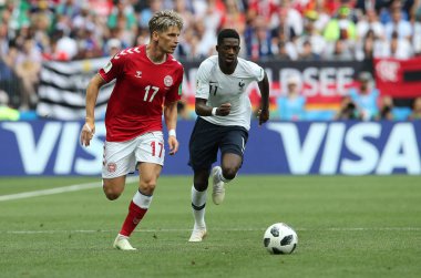 26.06.2018. Moskova, Rusya: Jens Larsen, eylem sırasında FIFA Dünya Kupası Rusya 2018, C grubu, futbol dalambert Dembele Danimarka V Fransa Luzhniki Stadı Moskova arasında eşleme.