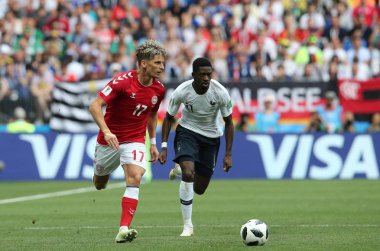 26.06.2018. Moskova, Rusya: Jens Larsen, eylem sırasında FIFA Dünya Kupası Rusya 2018, C grubu, futbol dalambert Dembele Danimarka V Fransa Luzhniki Stadı Moskova arasında eşleme.