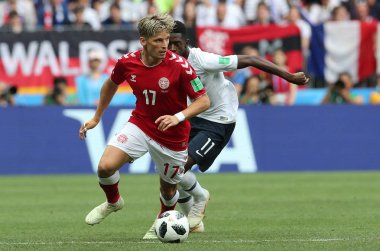 26.06.2018. Moskova, Rusya: Jens Larsen, eylem sırasında FIFA Dünya Kupası Rusya 2018, C grubu, futbol dalambert Dembele Danimarka V Fransa Luzhniki Stadı Moskova arasında eşleme.