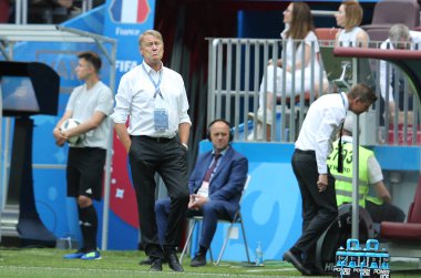 26.06.2018. Moskova, Rusya: Yaş Hareide FIFA Dünya Kupası Rusya 2018, C grubu, futbol sırasında eylem Danimarka V Fransa Luzhniki Stadı Moskova arasında eşleme.