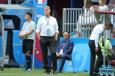 26.06.2018. Moskova, Rusya: Yaş Hareide FIFA Dünya Kupası Rusya 2018, C grubu, futbol sırasında eylem Danimarka V Fransa Luzhniki Stadı Moskova arasında eşleme.