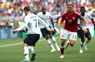 26.06.2018. Moskova, Rusya: Antoine Griezmann eylem sırasında FIFA Dünya Kupası Rusya 2018, C grubu, futbol maç arasında Danimarka V Fransa Moskova'da Lujniki Stadyumu.