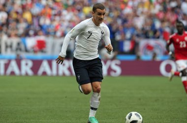 26.06.2018. Moskova, Rusya: Antoine Griezmann eylem sırasında FIFA Dünya Kupası Rusya 2018, C grubu, futbol maç arasında Danimarka V Fransa Moskova'da Lujniki Stadyumu.