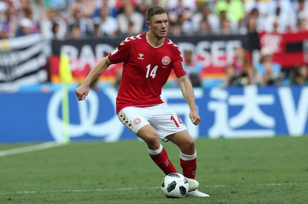 26.06.2018. Moskova, Rusya: Henrik Dalsgaard FIFA Dünya Kupası Rusya 2018, C grubu, futbol sırasında eylem Danimarka V Fransa Luzhniki Stadı Moskova arasında eşleme.