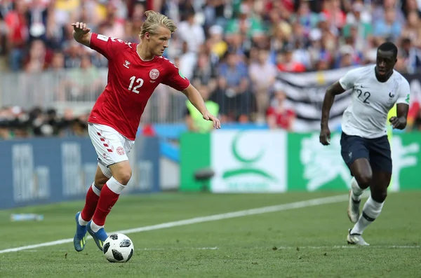 26.06.2018. Moskova, Rusya: Kasper Dolberg eylem sırasında FIFA Dünya Kupası Rusya 2018, C grubu, futbol maç arasında Danimarka V Fransa Moskova'da Lujniki Stadyumu.
