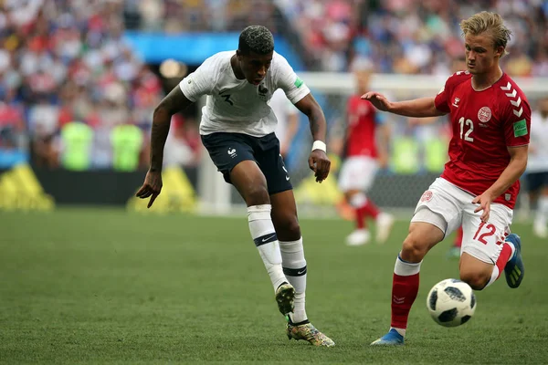 2018 Moscow Russo Presnel Kimpembe Kasper Dolberg Ação Durante Copa — Fotografia de Stock