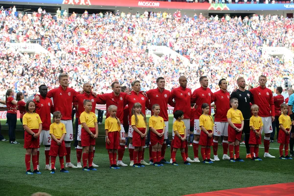 26.06.2018. Moskova, Rusya: Danimarka takım sırasında marşı daha önce FIFA Dünya Kupası Rusya 2018, C grubu, futbol maçı Danimarka V Fransa Moskova'da Lujniki Stadyumu.