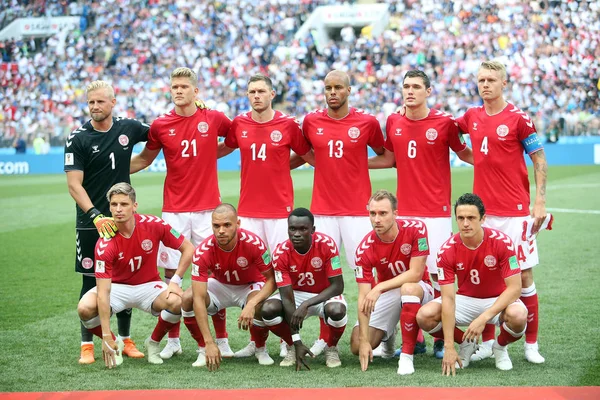 2018 Moscú Ruso Dinamarca Equipo Antes Copa Mundial Fútbol Rusia — Foto de Stock