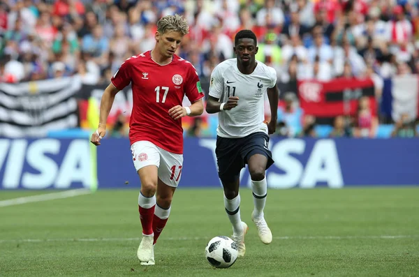 26.06.2018. Moskova, Rusya: Jens Larsen, eylem sırasında FIFA Dünya Kupası Rusya 2018, C grubu, futbol dalambert Dembele Danimarka V Fransa Luzhniki Stadı Moskova arasında eşleme.