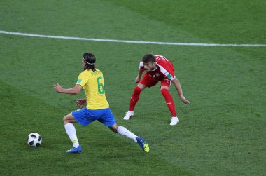 27.06.2018. Moskova, Rusya: Ffilipe Luis, eylem sırasında futbol FIFA Dünya Kupası Rusya 2018, E Grubu Lulic Sırbistan Vs Brezilya yılında Spartak stadyumu Moskova'da arasında eşleme.