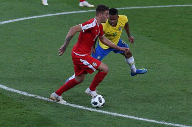 27.06.2018. Moskova, Rusça: Milinkovic Savic eylem sırasında FIFA Dünya Kupası Rusya 2018, E Grubu, futbol maç arasında Sırbistan Vs Brezilya yılında Spartak stadyumu Moskova'da.