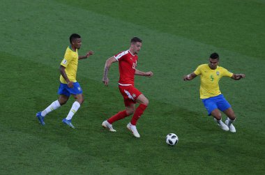 27.06.2018. Moskova, Rusça: Milinkovic Savic eylem sırasında FIFA Dünya Kupası Rusya 2018, E Grubu, futbol maç arasında Sırbistan Vs Brezilya yılında Spartak stadyumu Moskova'da.