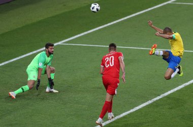 27.06.2018. Moskova, Rusya: Alisson, Miranda, futbol FIFA Dünya Kupası Rusya 2018, E Grubu sırasında eylem Sırbistan Vs Brezilya yılında Spartak stadyumu Moskova'da arasında eşleme.
