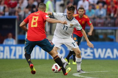 01.07.2018. Moskova, Rusya: Golovin eylem sırasında FIFA Dünya Kupası Rusya 2018, sekizlik İspanya Vs Rusya Moskova'da Lujniki Stadyumu arasındaki final futbol maçını.