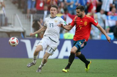 01.07.2018. Moskova, Rusya: Golovin, eylem sırasında FIFA Dünya Kupası Rusya 2018, sekizlik İspanya Vs Rusya Moskova'da Lujniki Stadyumu arasındaki final futbol maçını Nacho.