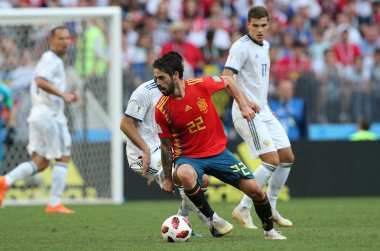 01.07.2018. Moskova, Rusya: Çifleşme eylem sırasında FIFA Dünya Kupası Rusya 2018, sekizlik İspanya Vs Rusya Moskova'da Lujniki Stadyumu arasındaki final futbol maçını.