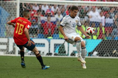 01.07.2018. Moskova, Rusya: Jordi Alba, eylem sırasında FIFA Dünya Kupası Rusya 2018, sekizlik son futbol Zobnin İspanya Vs Rusya Moskova'da Lujniki Stadyumu arasında eşleme.