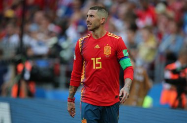 01.07.2018. Moskova, Rusya: Sergio Ramos eylem sırasında FIFA Dünya Kupası Rusya 2018, sekizlik İspanya Vs Rusya Moskova'da Lujniki Stadyumu arasındaki final futbol maçını.