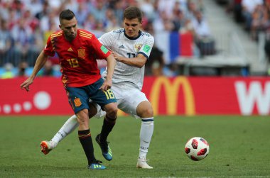 01.07.2018. Moskova, Rusya: Jordi Alba, eylem sırasında FIFA Dünya Kupası Rusya 2018, sekizlik son futbol Zobnin İspanya Vs Rusya Moskova'da Lujniki Stadyumu arasında eşleme.