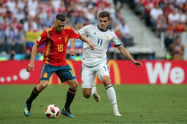 01.07.2018. Moskova, Rusya: Jordi Alba, eylem sırasında FIFA Dünya Kupası Rusya 2018, sekizlik son futbol Zobnin İspanya Vs Rusya Moskova'da Lujniki Stadyumu arasında eşleme.