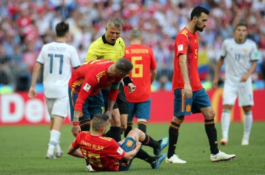 01.07.2018. Moskova, Rusya: Jordi Alba yaralı eylem sırasında FIFA Dünya Kupası Rusya 2018, sekizlik son futbol İspanya Vs Rusya Moskova'da Lujniki Stadyumu arasında eşleme.