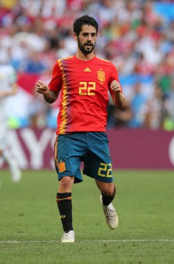 01.07.2018. Moskova, Rusya: Çifleşme eylem sırasında FIFA Dünya Kupası Rusya 2018, sekizlik İspanya Vs Rusya Moskova'da Lujniki Stadyumu arasındaki final futbol maçını.