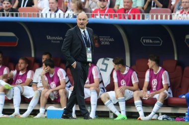 01.07.2018. Moskova, Rusya: Cherchesov Stanislav eylem sırasında FIFA Dünya Kupası Rusya 2018 görüþ son futbol İspanya Vs Rusya Moskova'da Lujniki Stadyumu arasında eşleme.